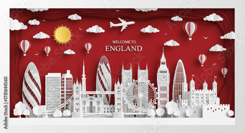  a paper-cut style vector illustration of London landmarks , perfect for travel and tourism banner and poster . 