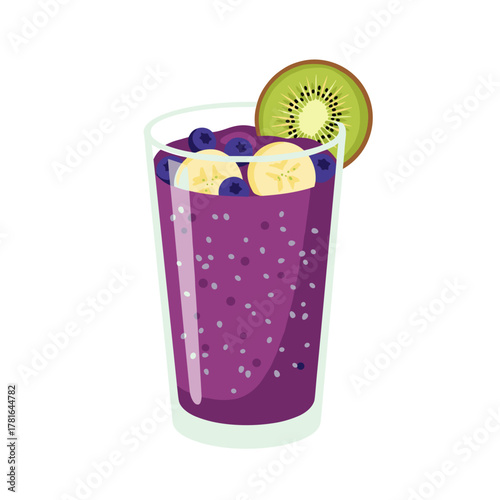 Flat design illustration of a blueberry banana healthy smoothie in a tall glass with visible chia seeds and a kiwi slice on top.