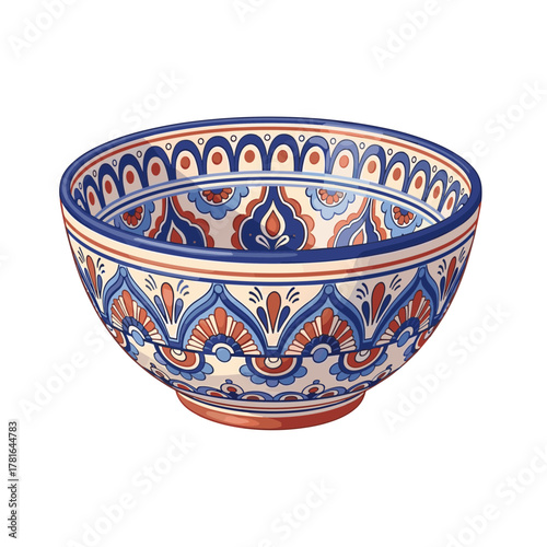 An isolated vector illustration of a beautiful painted ceramic bowl in folk art style with intricate patterns in blue and terracotta on a light cream base.