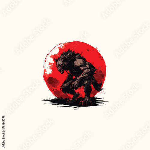 Striking and intense vector illustration of a snarling werewolf standing aggressively against a huge, menacing red full moon