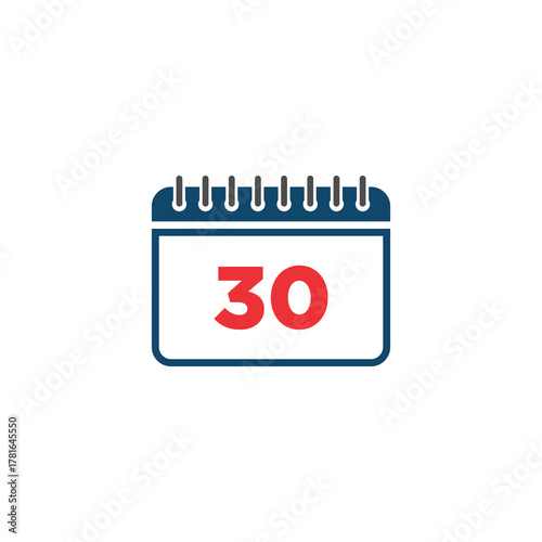 Simple calendar icon displaying the number thirty in a red color, isolated on white.