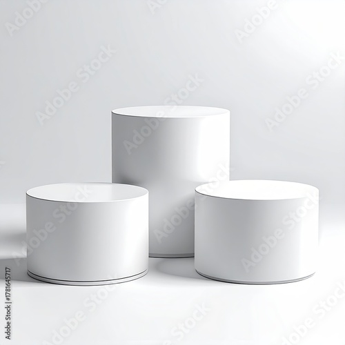 Three white cylinder pedestals, different heights, white space