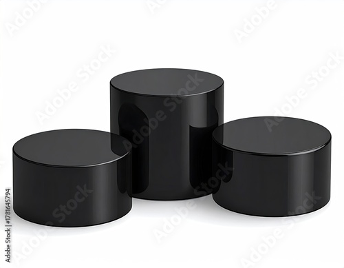 Three black cylinder pedestals arranged on a white background
