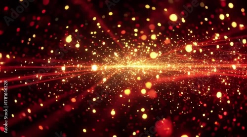 Red and gold particle wave bursting into a glowing sale banner. Energetic and festive digital animation with zoom and rotation, perfect for promo ads.