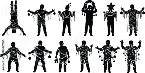 Christmas silhouette people, festive costumes, holiday lights, ornamented figures, creative decoration, humorous posing, winter celebration, garland wrapped, gift holding, upside down character