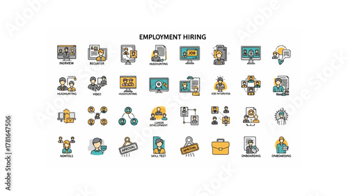 Illustration showing various icons representing the process of employment hiring and recruitment stages