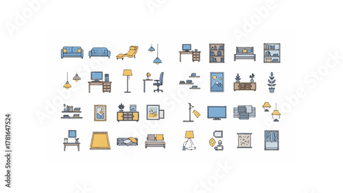 Illustration of various furniture pieces including sofas beds desks and lamps in a grid pattern