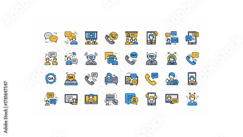 Illustration of various customer service and support icons with communication symbols and people