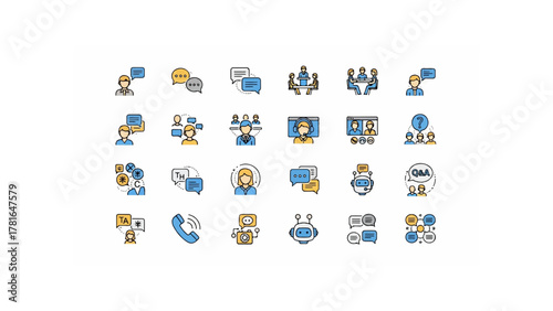 Illustration showing various communication icons including chat, video calls, and meetings in blue and yellow