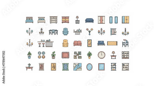 Collection of furniture and home decor items including beds, sofas, tables, and decorative accessories