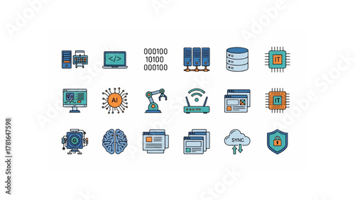 Illustration of various technology and computer science icons including ai, cloud, and data storage items