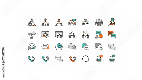 Collection of communication icons featuring people, speech bubbles, and technology symbols in a grid layout