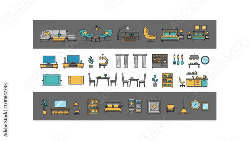 Illustration showing a variety of furniture pieces arranged in rows, including sofas and beds and tables