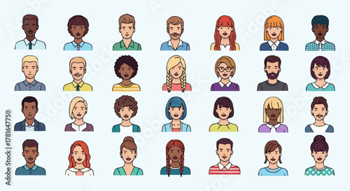 Diverse collection of cartoon people faces and user profile icons.