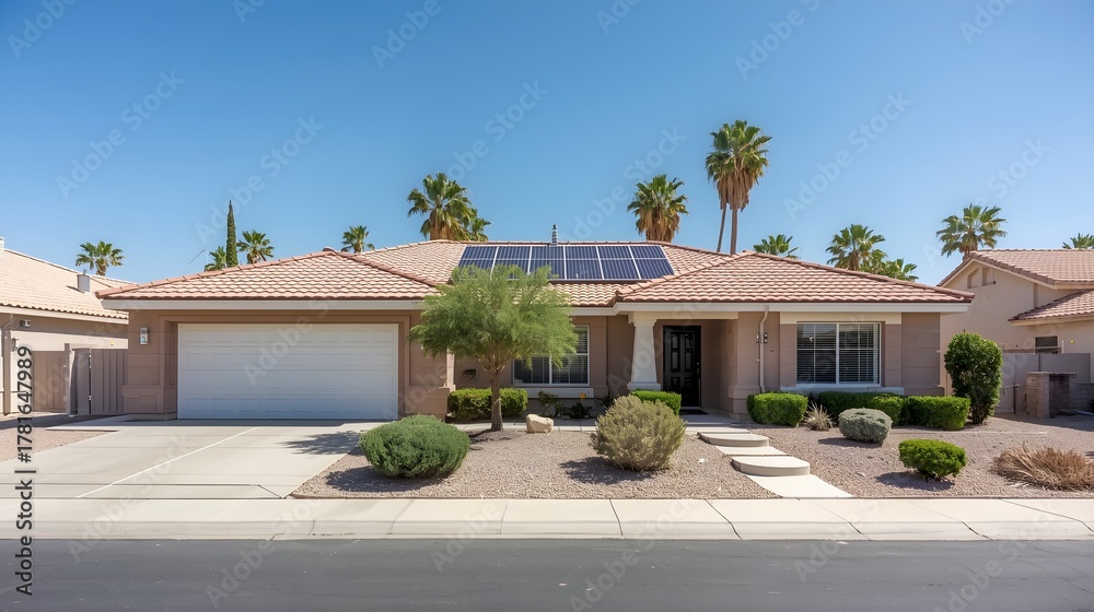 Fototapeta premium Modern single family home with red tile roof solar panels and palm trees in a sunny desert landscape