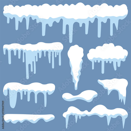 Snowy piles, snow caps, snowballs, and snowdrifts Vector collection. Snow elements on a winter background. Snow ice vector winter frame effect frozen illustration. eps 10