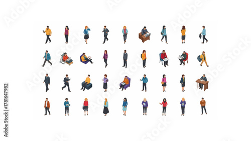 Isometric representation of diverse people in various poses and activities on a white background