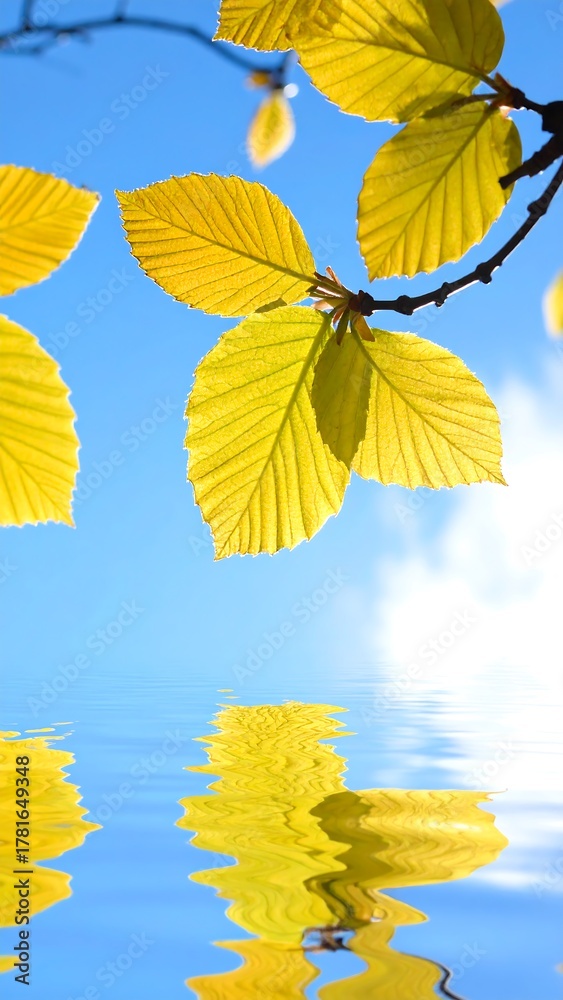 Obraz premium Bright yellow leaves against a blue sky reflected in gently rippling water