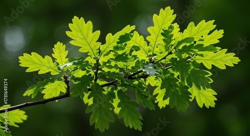 Close-up view of vibrant green oak leaves clustered on a sturdy branch, illuminated by soft natural light, showcasing intricate patterns and fresh growth ,fresh ,summer ,leaves