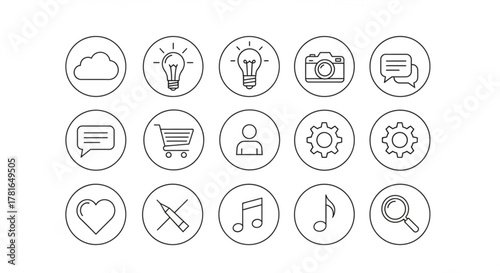 Collection of minimalist line icons representing various functions and applications, including cloud, lightbulb, camera, chat, and settings
