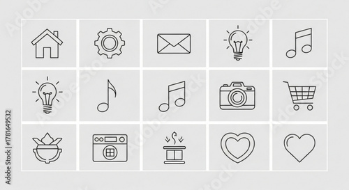 Collection of minimalist line icons featuring a house, gear, envelope, light bulb, music note, camera, shopping cart, lotus, radio, incense burner, and heart shapes