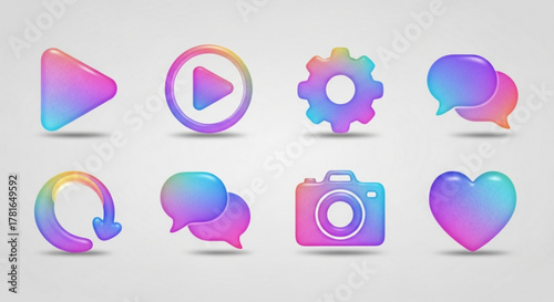 Collection of 3d icons for web and app design, featuring play, gear, speech bubble, camera, heart, and refresh