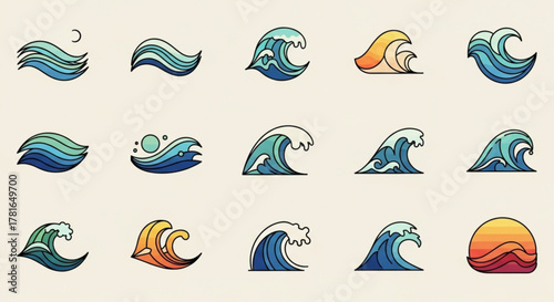Set of stylized ocean wave illustrations featuring various shapes and colors, perfect for nautical themes and designs
