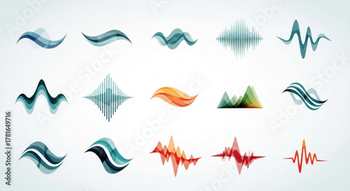 Collection of abstract sound wave illustrations, featuring vibrant colors and dynamic shapes for audio visualization and design
