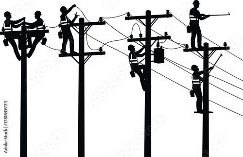 Utility worker silhouettes, power pole maintenance, electrical line work, safety gear, black and white, transformer repair, harnessed technician, infrastructure concept, vector set