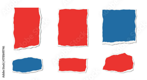 Collection of blank red and blue torn paper pieces with jagged edges, suitable for notes or graphic design elements on a white background.