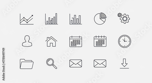 Collection of thin line icons representing various essential functions, including charts, user profiles, calendars, and download options
