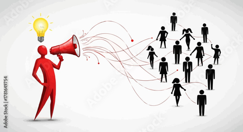 Red figure with megaphone spreading ideas to a crowd of people.