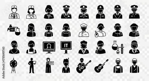 Diverse collection of professional silhouettes representing various occupations and careers.