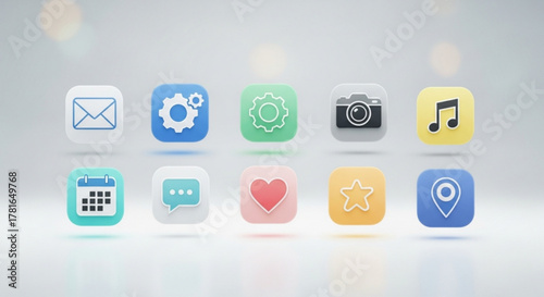 A set of colorful and modern app icons, including email, settings, camera, music, calendar, chat, heart, star, and location