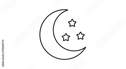 Minimalist black outline drawing of a crescent moon and three small, five-pointed stars, symbolizing night and celestial beauty.