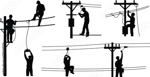 Utility workers on power lines, silhouette illustration, electrical maintenance, transformer repair, safety gear, teamwork, black and white, infrastructure, skilled labor, pole climbing
