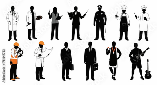 Diverse Silhouettes of Professionals Representing Various Occupations and Careers.