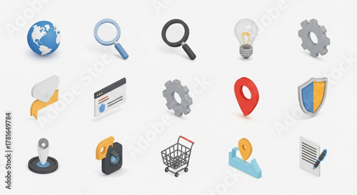 Isometric icon set featuring a globe, magnifying glass, light bulb, gear, speech bubble, website, location pin, shield, shopping cart, and document