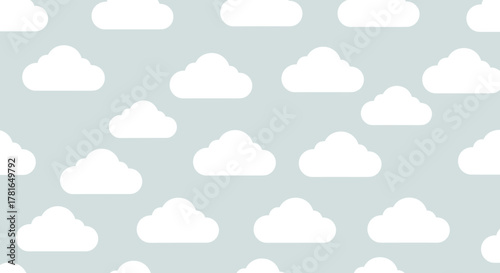 A cheerful and calming seamless pattern of stylized white clouds on a soft blue sky, ideal for textiles, backgrounds, or nursery decor.