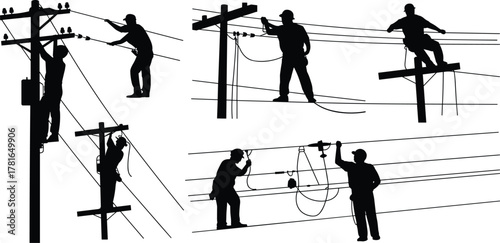 Utility workers, power line maintenance, electrical pole repair, linemen silhouettes, safety gear, high voltage, infrastructure service, teamwork, harness, helmet, outdoor job, skilled labor