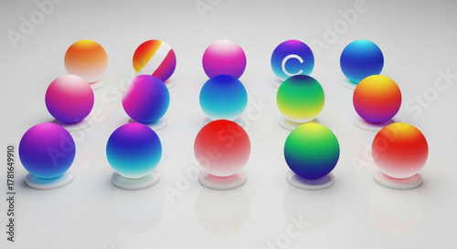 A collection of colorful spheres, each with a unique design and texture, arranged on a white surface, creating a visually appealing and modern abstract composition