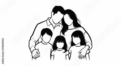 Stylized Illustration of a Faceless Family Portrait with Parents and Three Children.