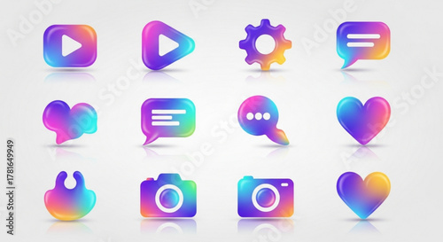 A set of vibrant and glossy app icons, rendered in a playful and modern style with a holographic gradient effect and soft shadows