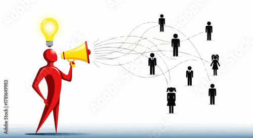 Red figure with a bright idea communicates to a network of people using a megaphone.
