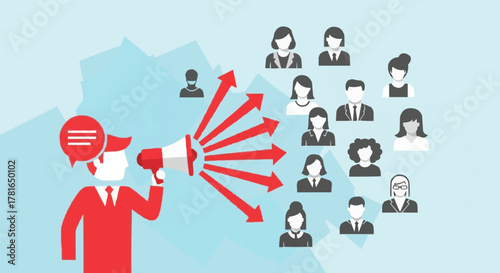 Man with Megaphone Announcing to a Crowd of People.