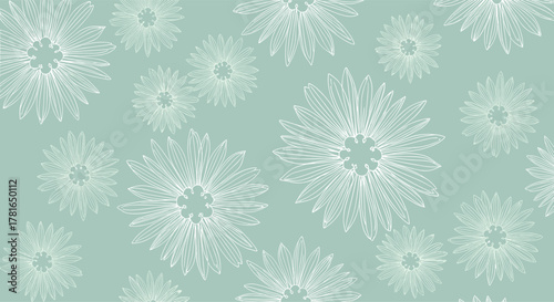 A delicate seamless pattern featuring white outlined flowers of varying sizes on a soft blue-green background, ideal for textile designs or digital wallpaper.