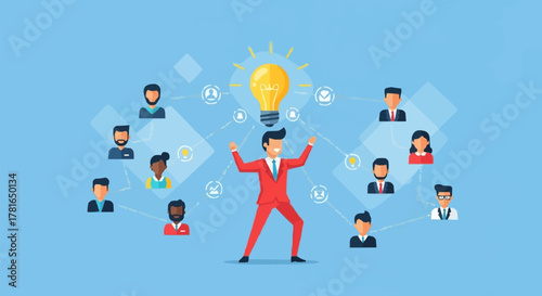 Businessman with lightbulb idea surrounded by diverse team members.