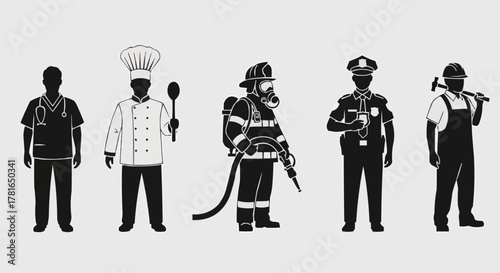 Silhouettes of various professions representing different occupations and jobs.