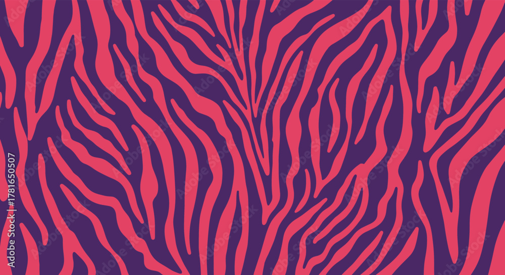 Fototapeta premium A vibrant and bold abstract zebra print pattern featuring striking reddish-pink stripes on a deep purple background, creating a trendy design.