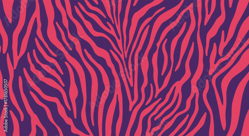 A vibrant and bold abstract zebra print pattern featuring striking reddish-pink stripes on a deep purple background, creating a trendy design.